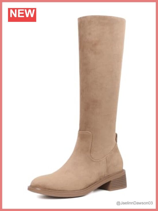 Shoes - Women's Knee High Suede Boots Side Zip Round Toe Low Heel